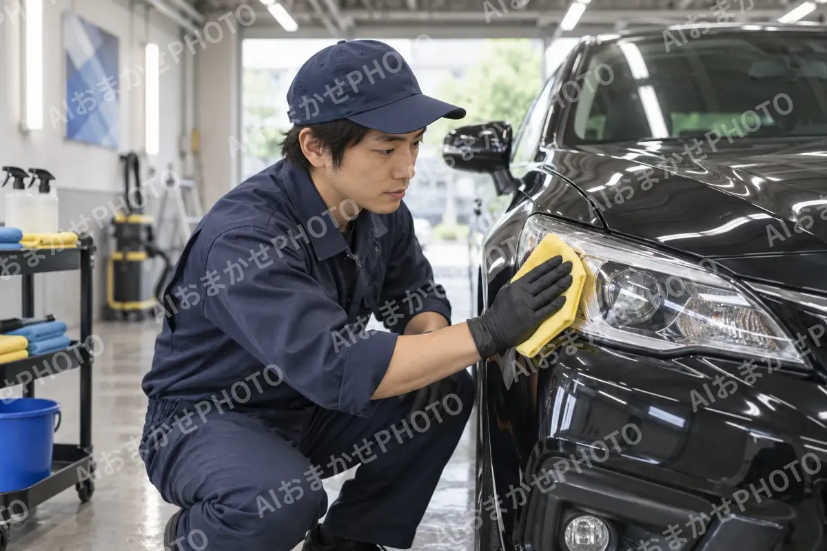 ヘッドライトをみがくスタッフ（洗車・カーコーティングの写真 No.38）