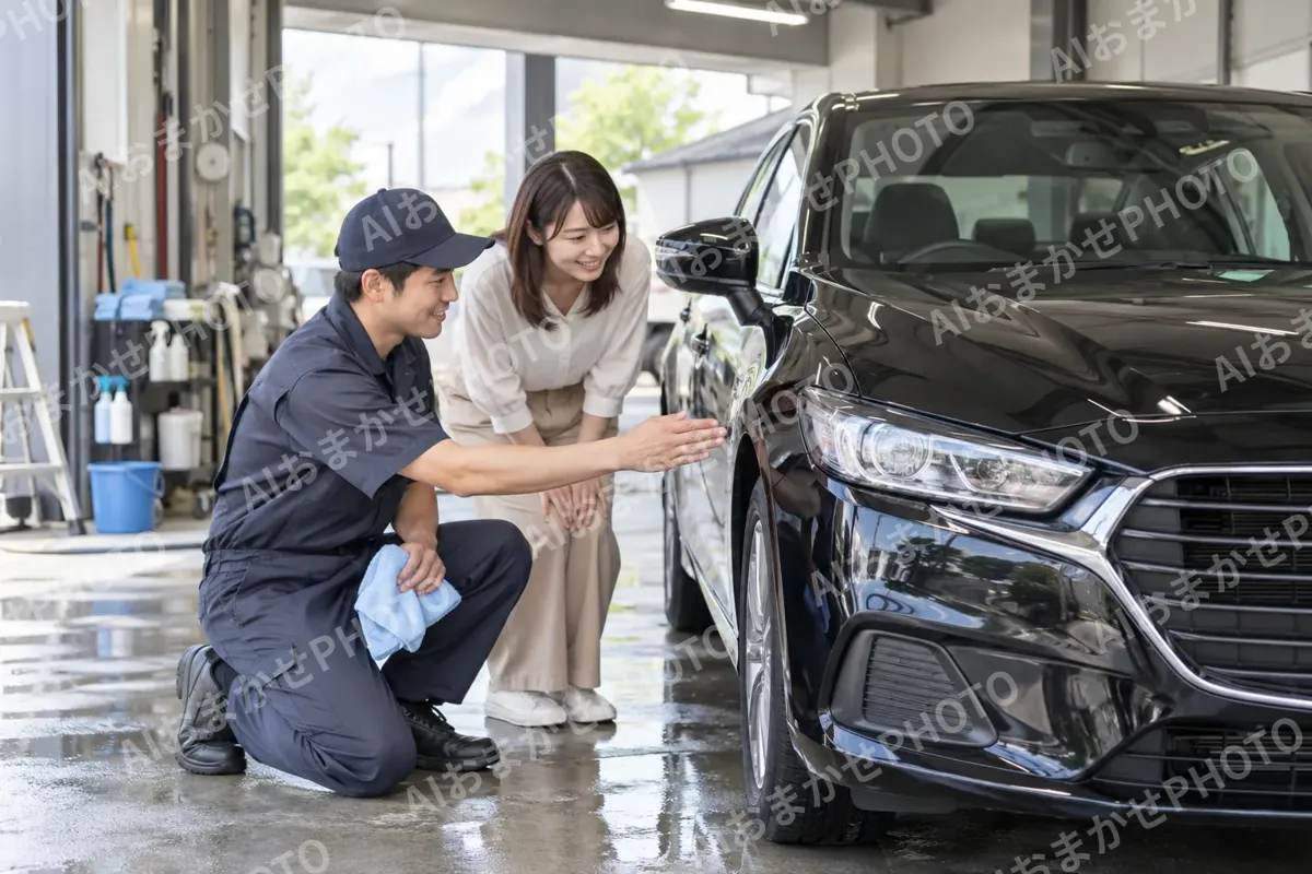 仕上がった車をお客様と一緒に確かめるスタッフ（洗車・カーコーティングの写真 No.42）