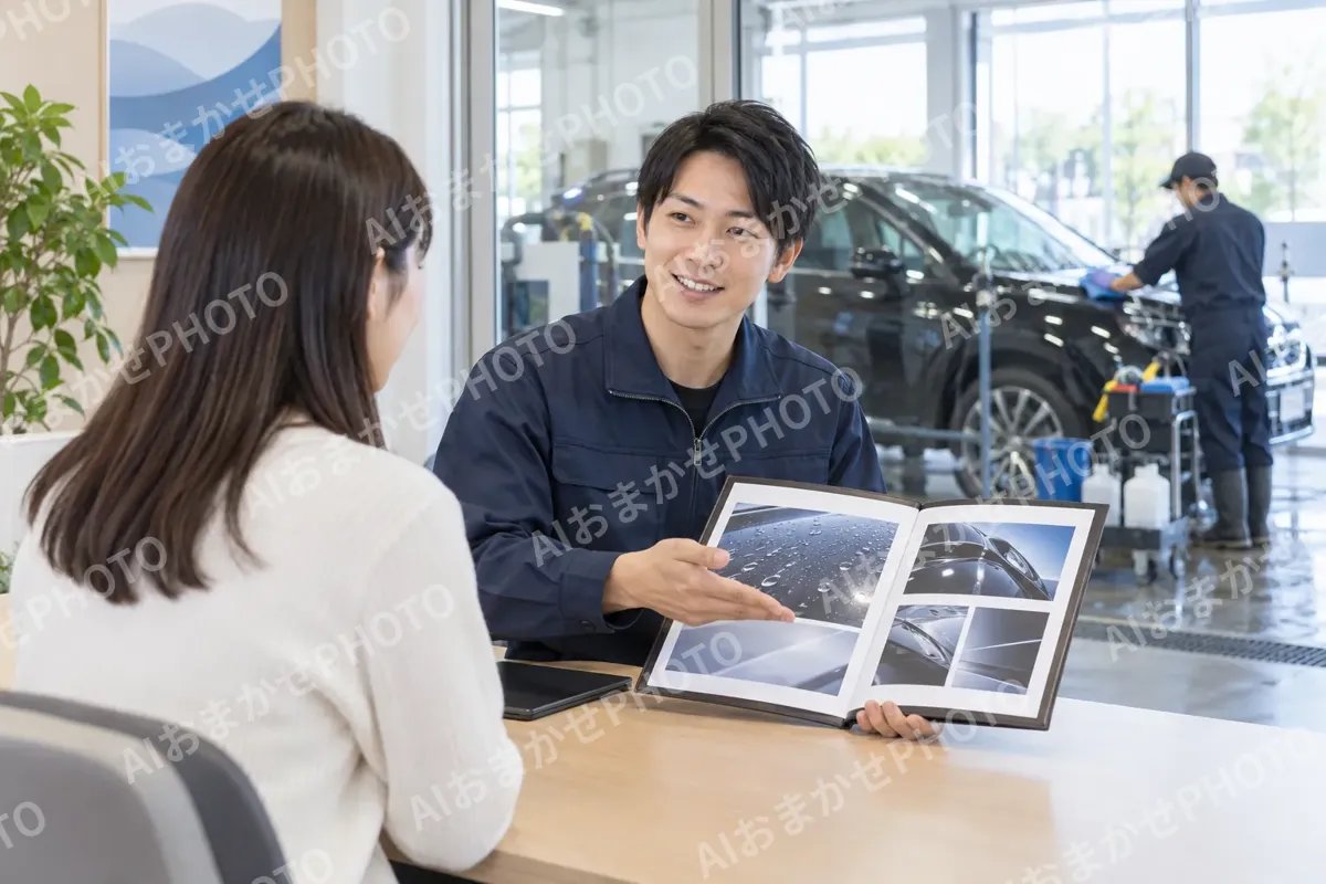 受付でメニューを説明するスタッフ（洗車・カーコーティングの写真 No.43）