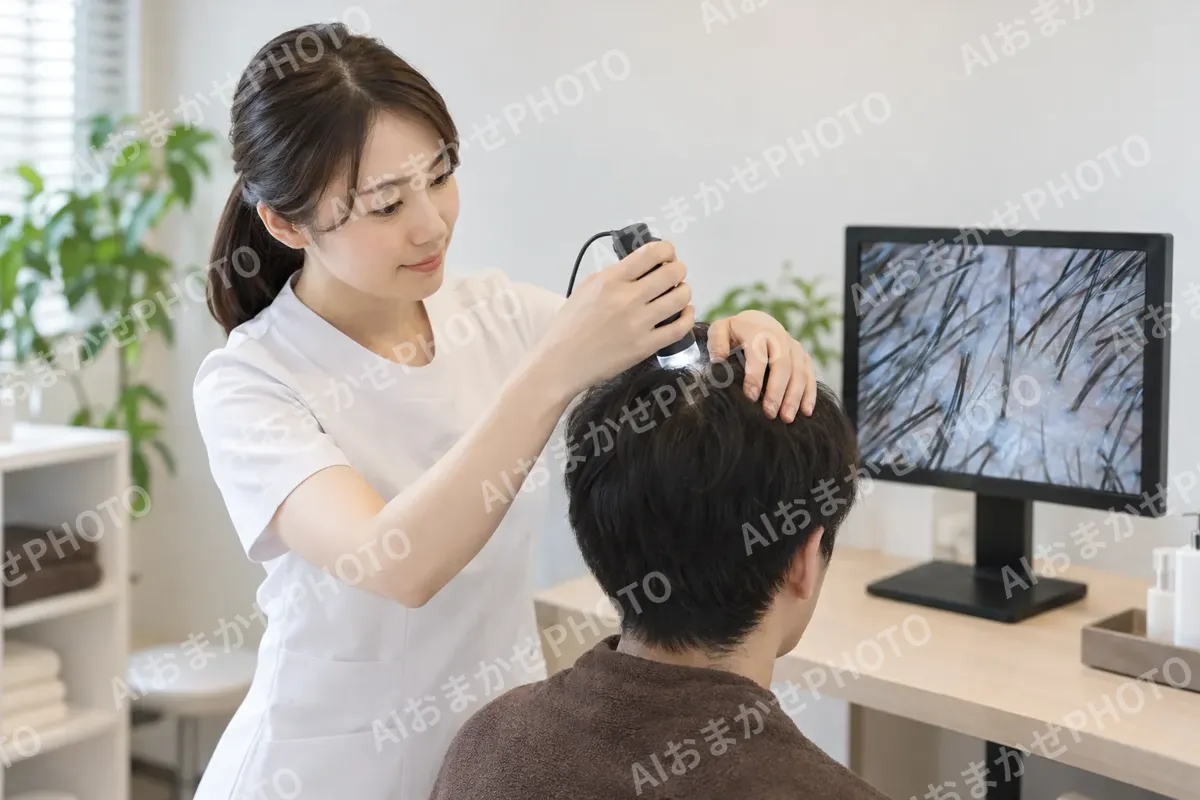 マイクロスコープでお客様の頭皮を見るスタッフ（育毛・発毛・薄毛ケアの写真 No.24）