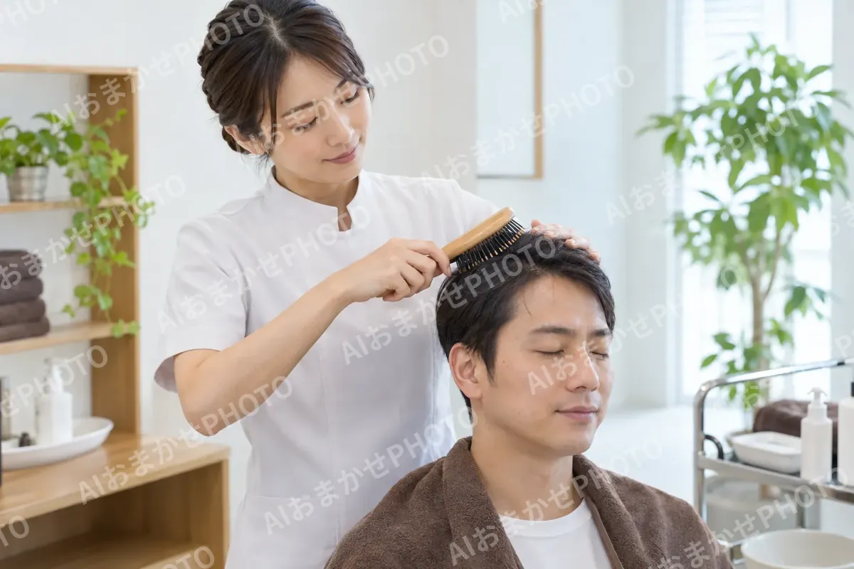 ブラシで頭皮をとかすスタッフ（育毛・発毛・薄毛ケアの写真 No.33）