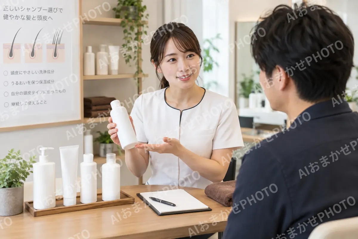 シャンプーの選び方を説明するスタッフ（育毛・発毛・薄毛ケアの写真 No.37）