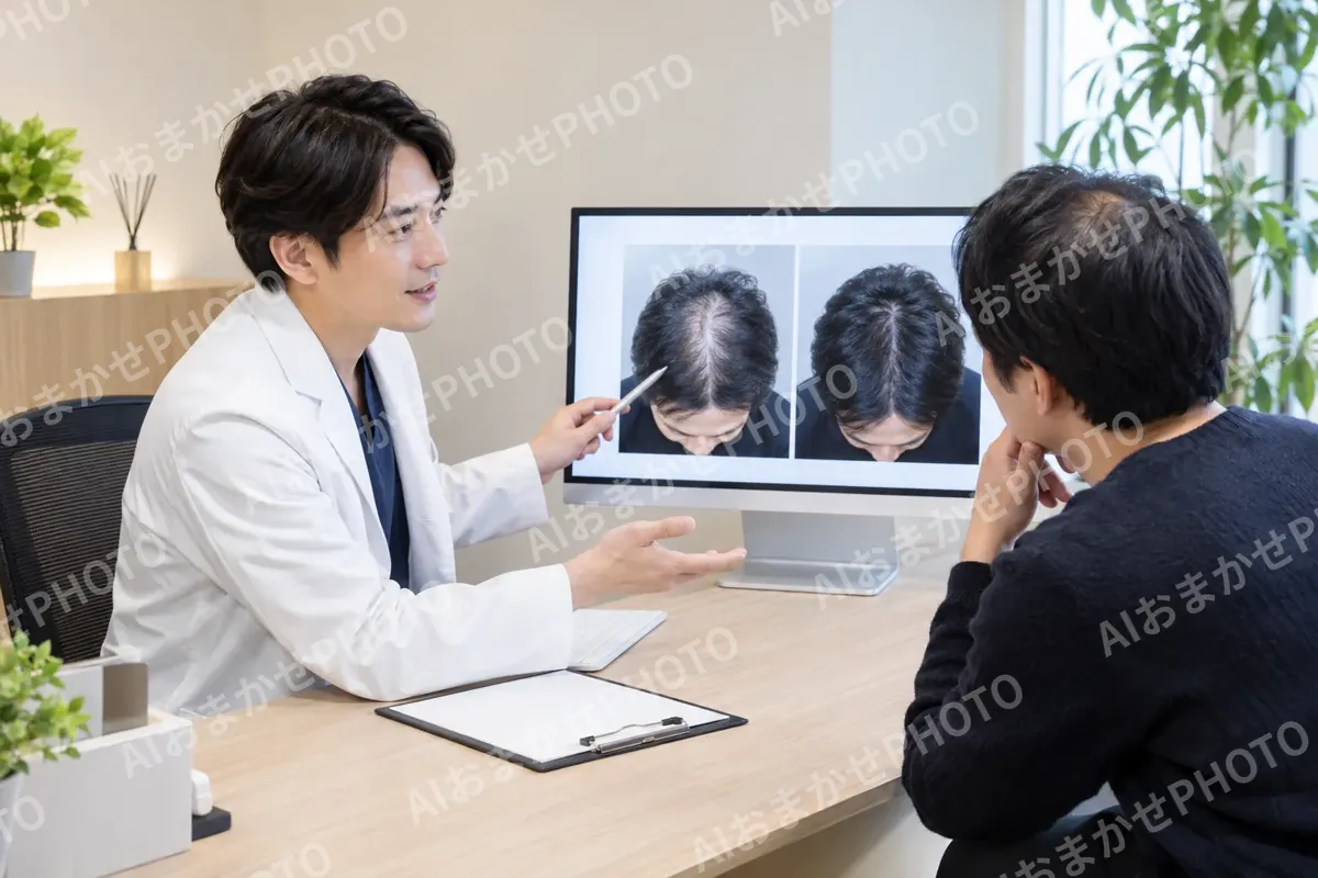 前の記録と今の記録をならべて見せるカウンセラー（育毛・発毛・薄毛ケアの写真 No.39）