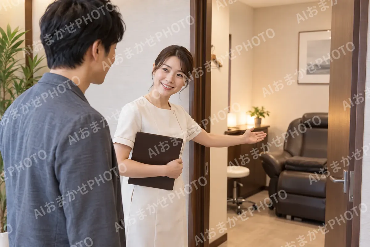 個室にお客様を案内するスタッフ（育毛・発毛・薄毛ケアの写真 No.40）