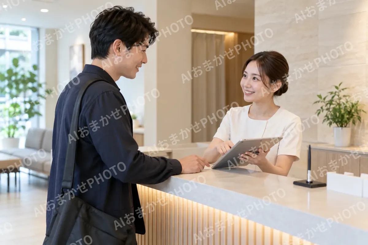 受付で次の予約をとるお客様とスタッフ（育毛・発毛・薄毛ケアの写真 No.41）