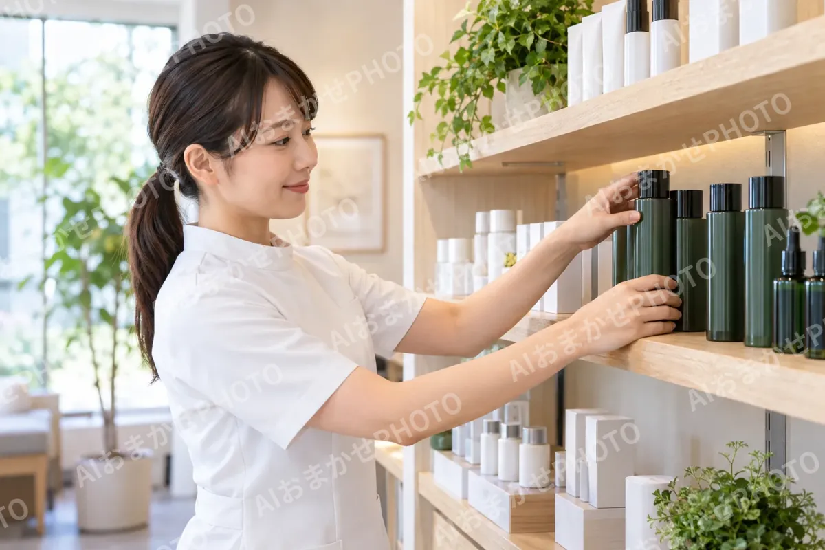 ケア用品を棚にならべるスタッフ（育毛・発毛・薄毛ケアの写真 No.42）
