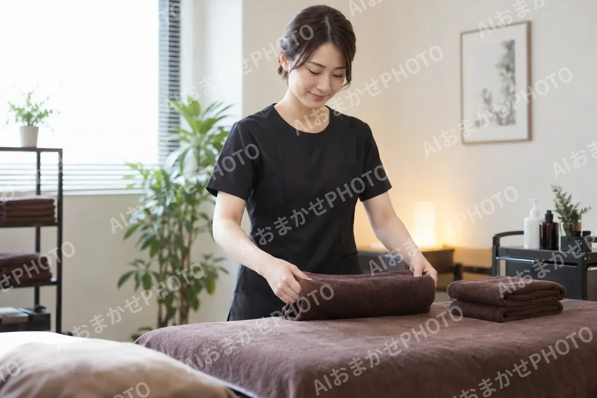 タオルをたたんで用意するスタッフ（育毛・発毛・薄毛ケアの写真 No.43）