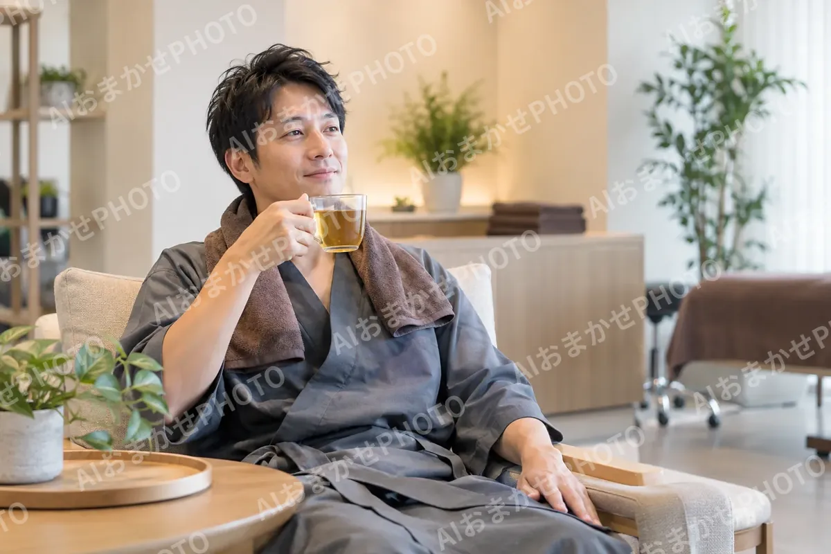 ケアのあとでお茶を飲むお客様（育毛・発毛・薄毛ケアの写真 No.46）