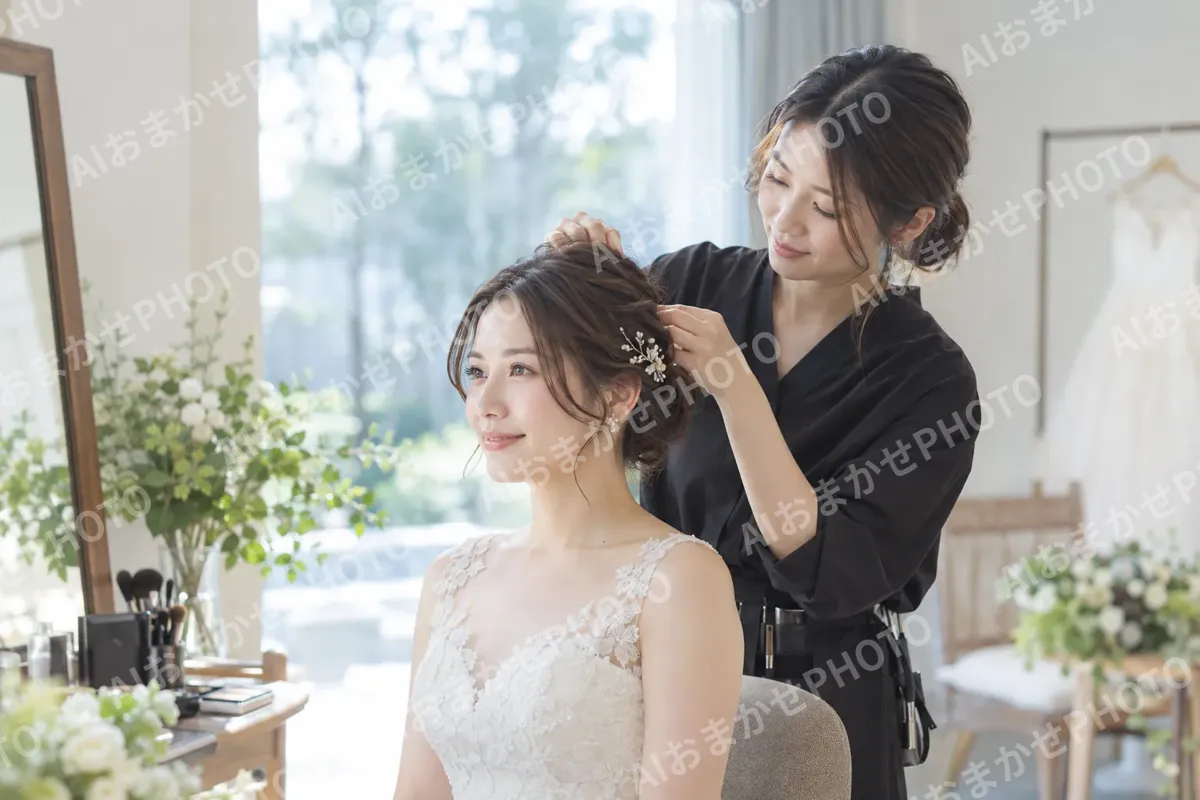 新婦の髪を整えるヘアメイクのスタッフ（フォトウェディング・前撮りの写真 No.27）
