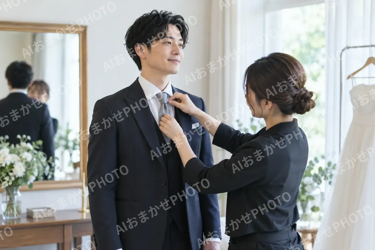 新郎のネクタイを直すスタッフ（フォトウェディング・前撮りの写真 No.29）