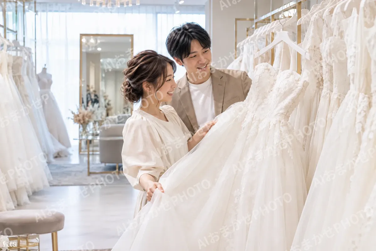 ドレスをたくさんかけた部屋でドレスを選ぶ2人（フォトウェディング・前撮りの写真 No.30）