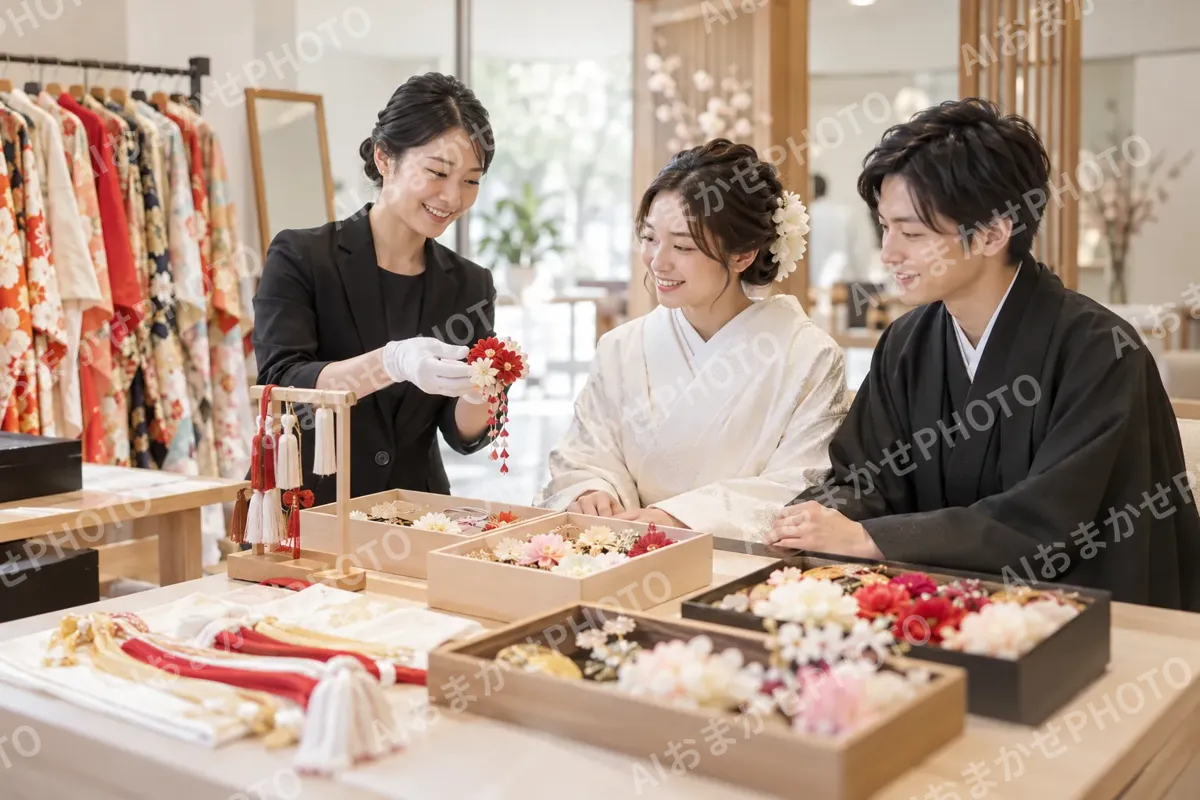 和装の小物を選ぶスタッフと2人（フォトウェディング・前撮りの写真 No.31）