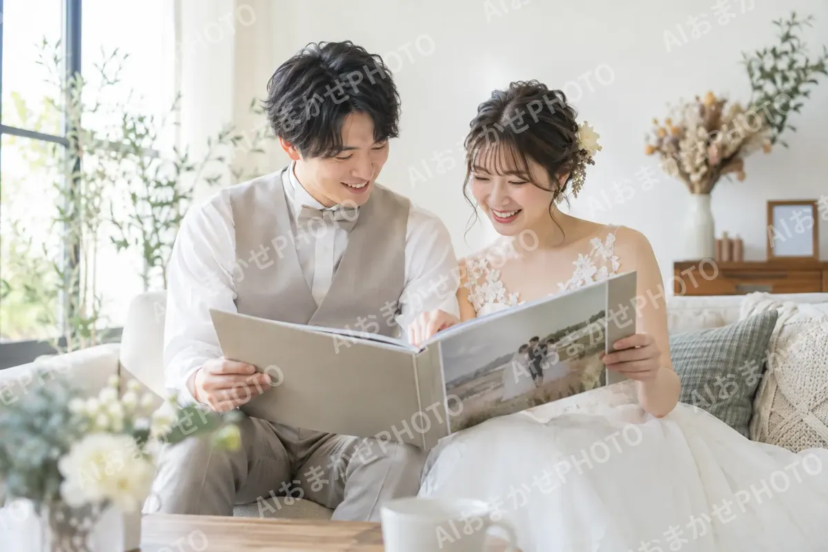 できあがったアルバムを開く2人（フォトウェディング・前撮りの写真 No.34）