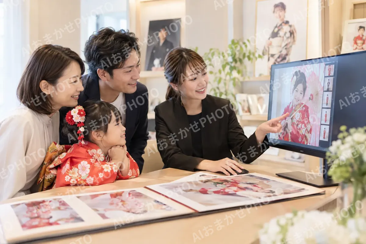 モニターで写真を選ぶ家族とスタッフ（成人式・七五三の写真 No.31）