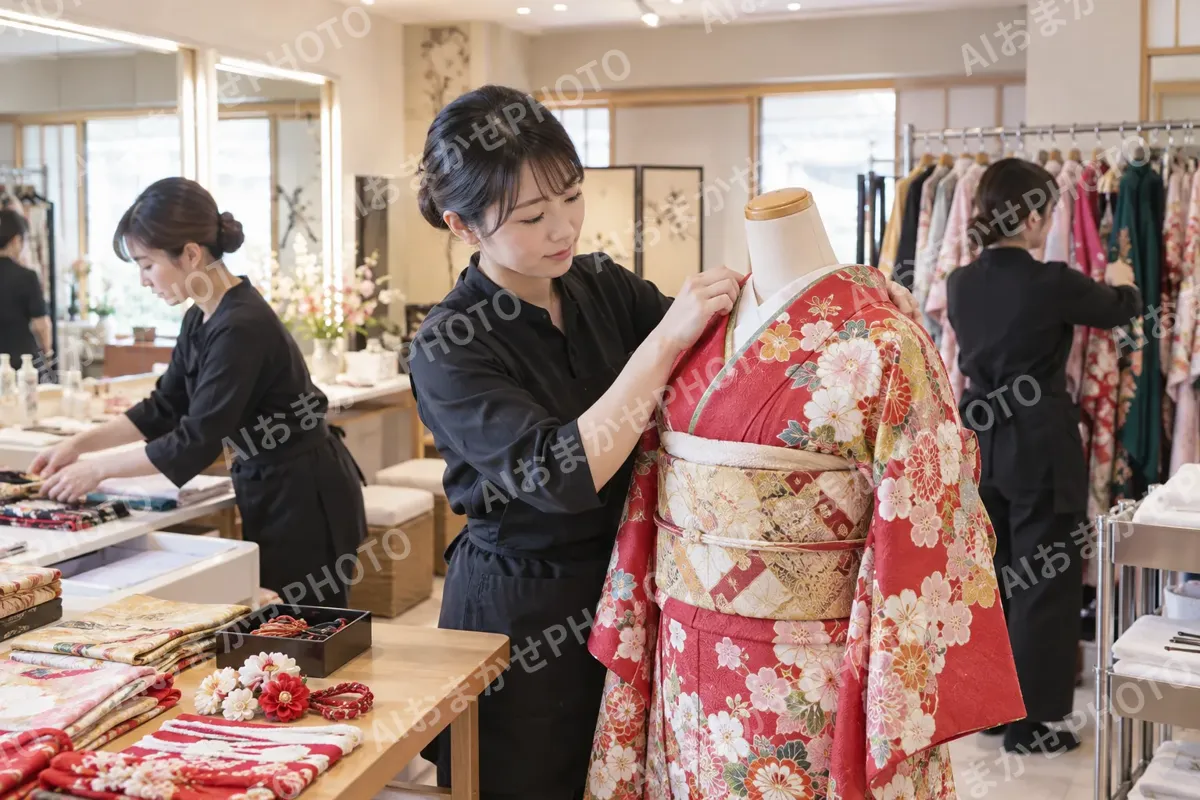 朝早くに店で着付けの準備をするスタッフたち（成人式・七五三の写真 No.33）