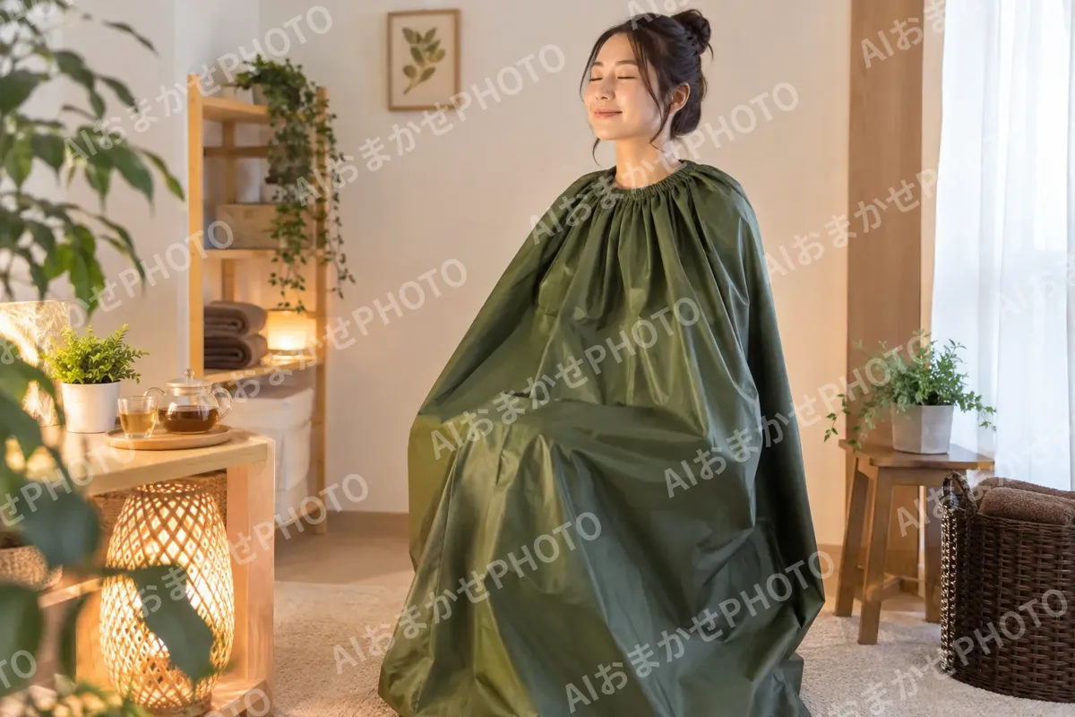 よもぎ蒸しのマントを着ていすにすわるお客様（その他の美容・サロン（よもぎ蒸し・ヘッドスパ等）の写真 No.25）