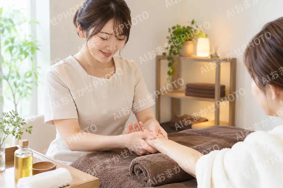 お客様の手をマッサージする施術者（その他の美容・サロン（よもぎ蒸し・ヘッドスパ等）の写真 No.33）