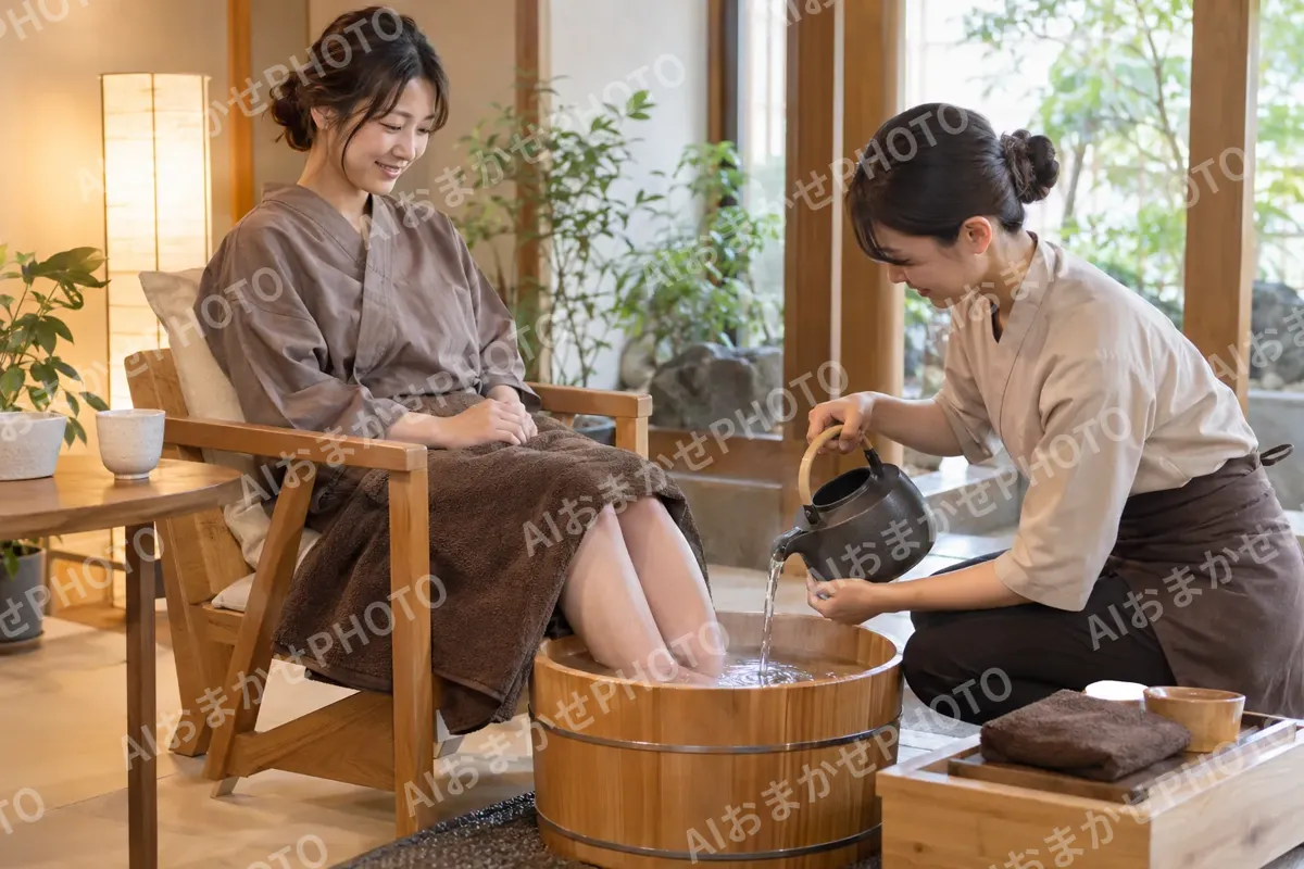 足湯につかるお客様と湯を足す施術者（その他の美容・サロン（よもぎ蒸し・ヘッドスパ等）の写真 No.34）