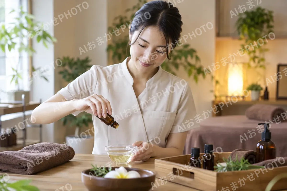 アロマオイルをまぜる施術者（その他の美容・サロン（よもぎ蒸し・ヘッドスパ等）の写真 No.37）