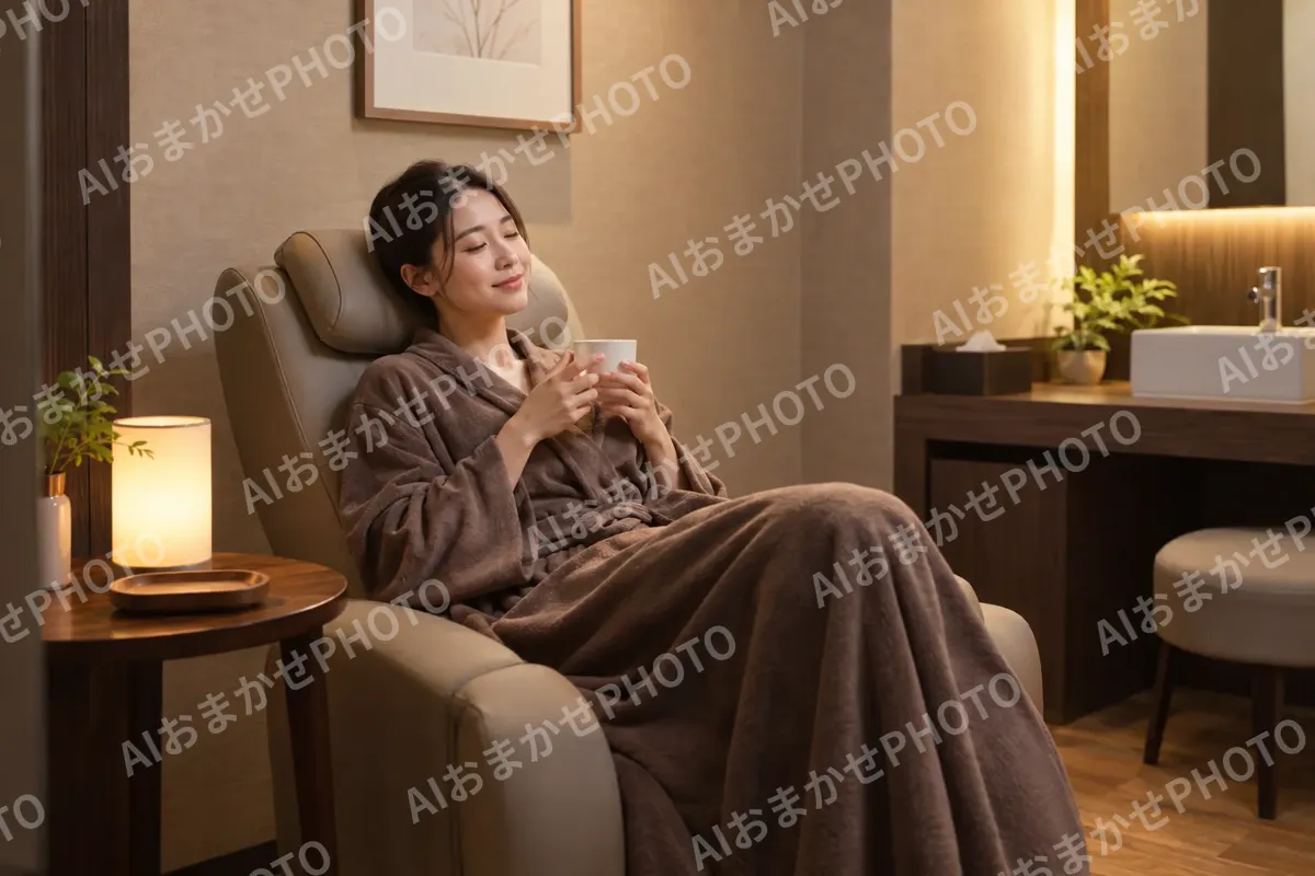 ガウンを着て個室で休むお客様（その他の美容・サロン（よもぎ蒸し・ヘッドスパ等）の写真 No.41）