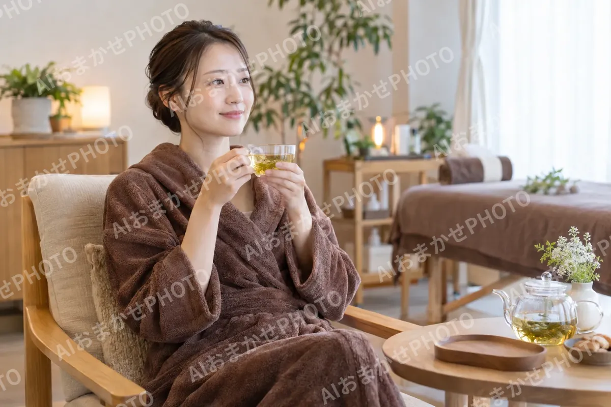 施術のあとでハーブティーを飲むお客様（その他の美容・サロン（よもぎ蒸し・ヘッドスパ等）の写真 No.42）