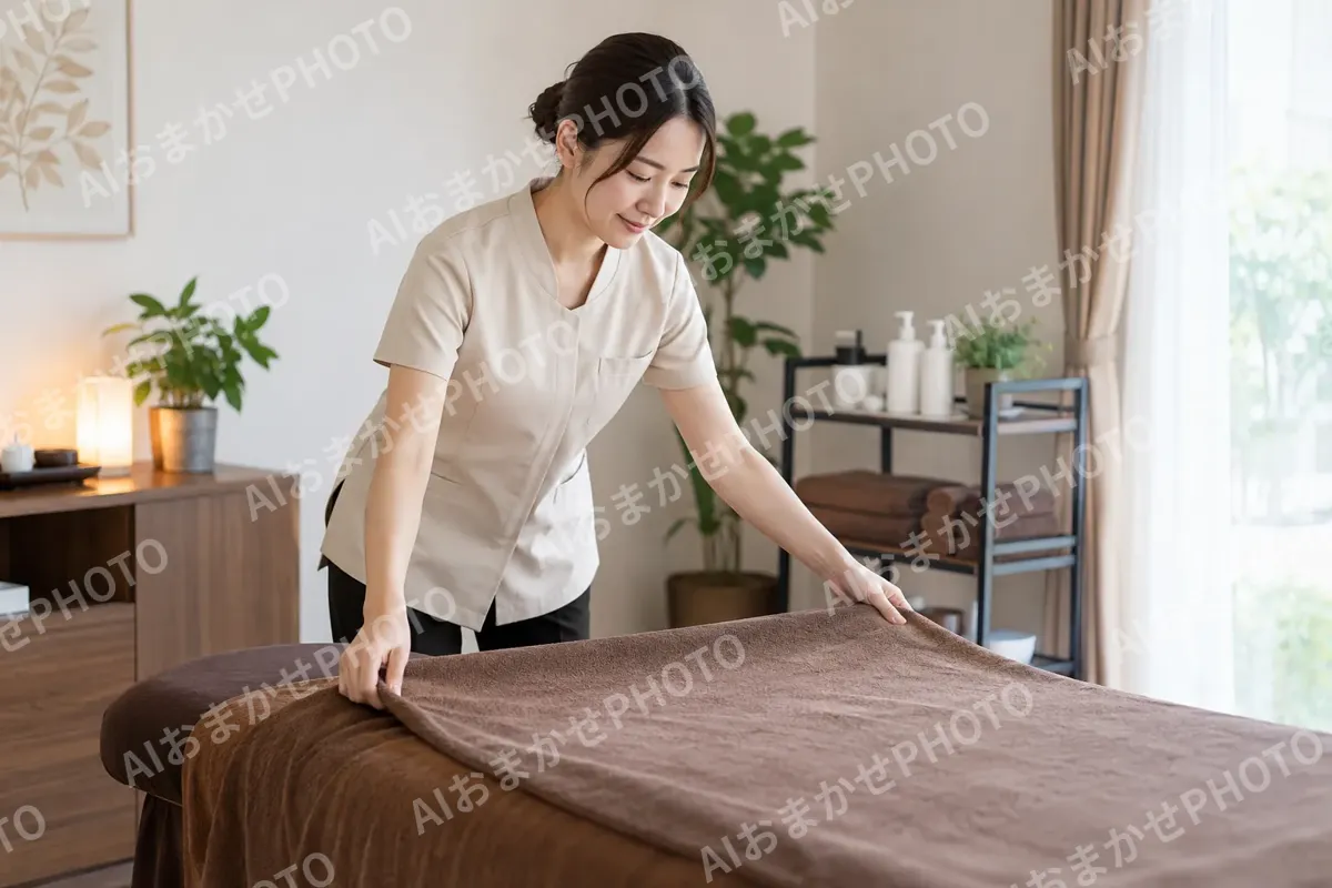 ベッドにタオルをしいて準備をする施術者（その他の美容・サロン（よもぎ蒸し・ヘッドスパ等）の写真 No.43）