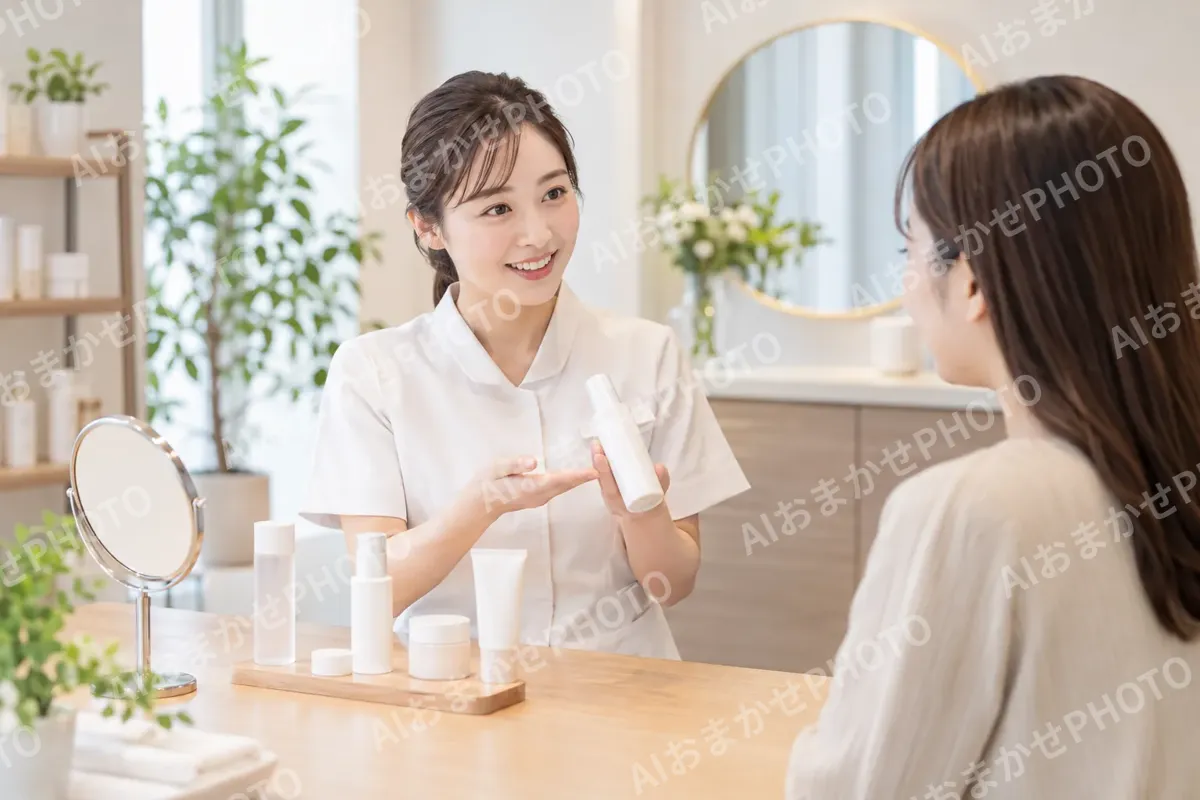 化粧品の使い方を教えるスタッフ（その他の美容・サロン（よもぎ蒸し・ヘッドスパ等）の写真 No.46）