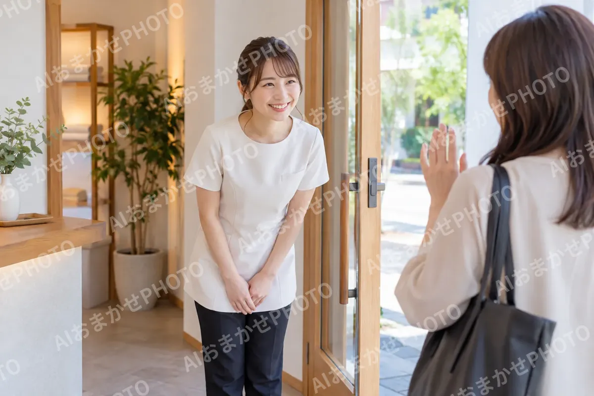 店の入口でお客様を見送る施術者（その他の美容・サロン（よもぎ蒸し・ヘッドスパ等）の写真 No.47）