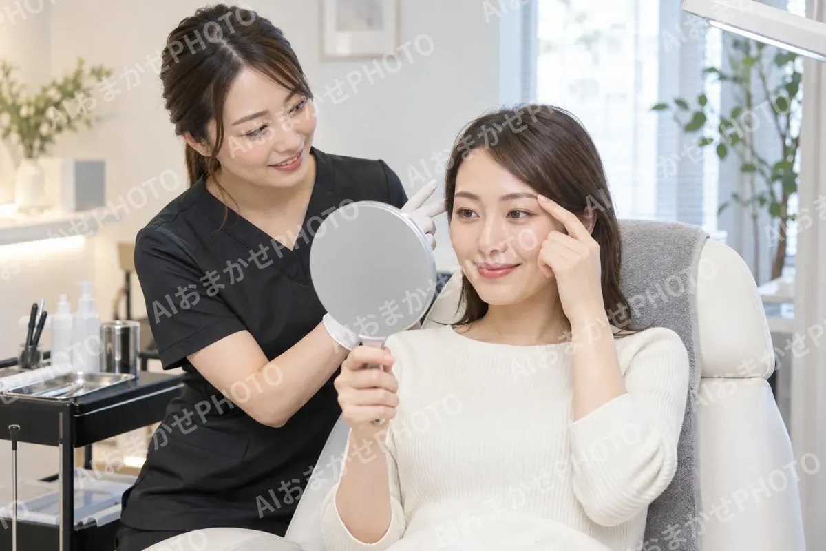 鏡を持って眉の形を確かめるお客様と施術者（タトゥー・アートメイクの写真 No.27）