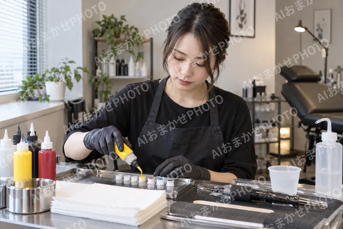 色のインクを小さなカップに分ける施術者（タトゥー・アートメイクの写真 No.37）
