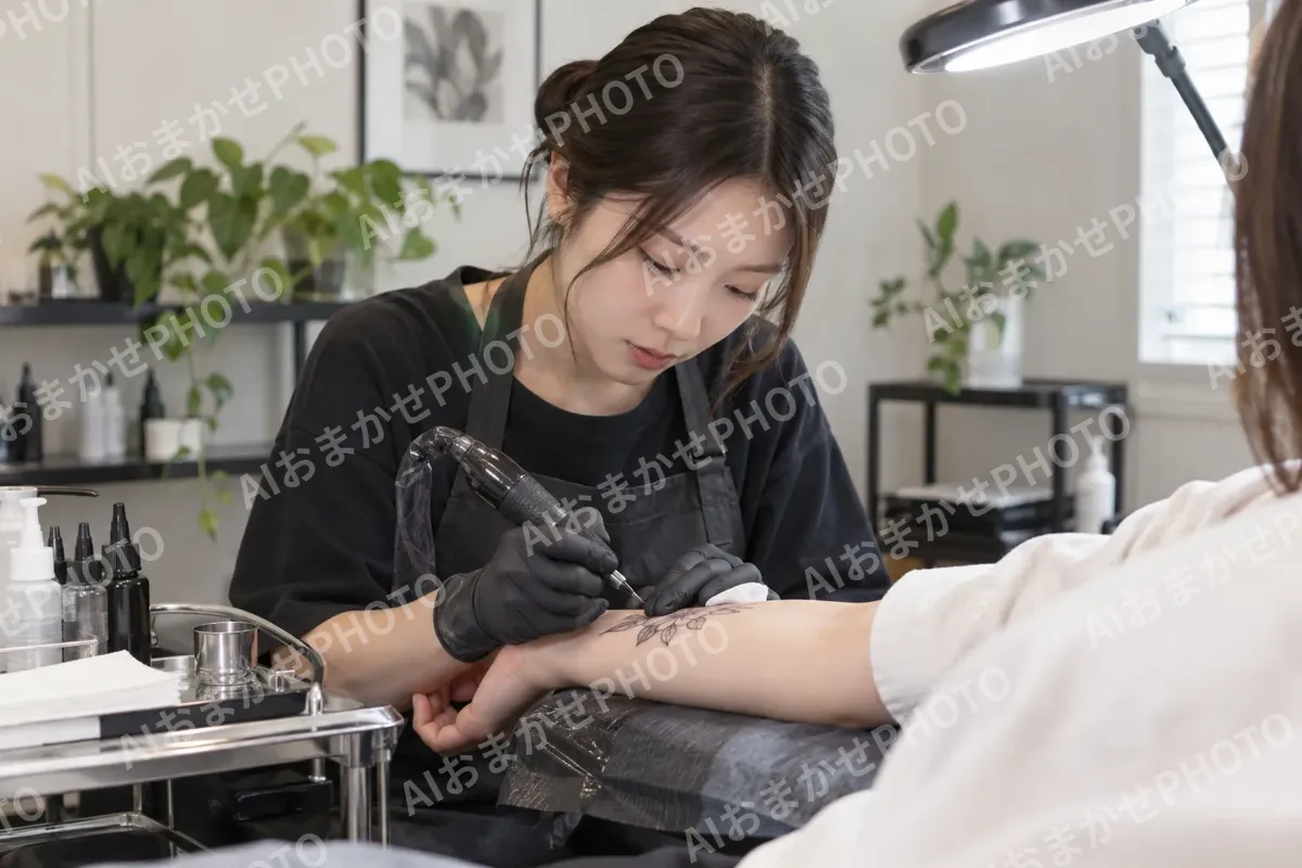お客様の腕に機械で線を入れる施術者（タトゥー・アートメイクの写真 No.39）