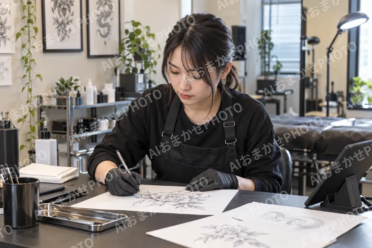 紙に図がらの下絵をかく施術者（タトゥー・アートメイクの写真 No.41）