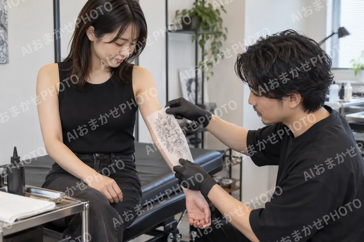 図がらの大きさをお客様の腕に当てて確かめる施術者（タトゥー・アートメイクの写真 No.42）