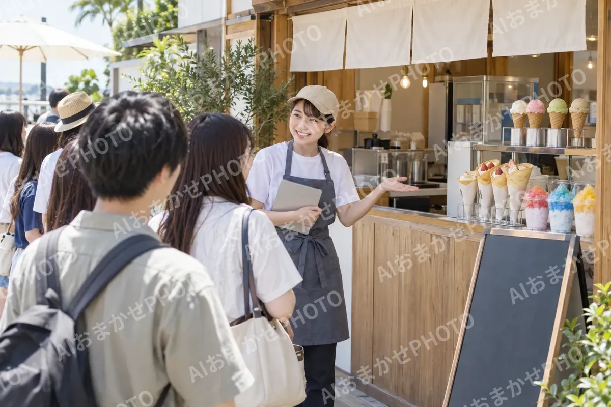 甘味の店の前の行列に声をかける店員（アイス・クレープ・かき氷の写真 No.27）