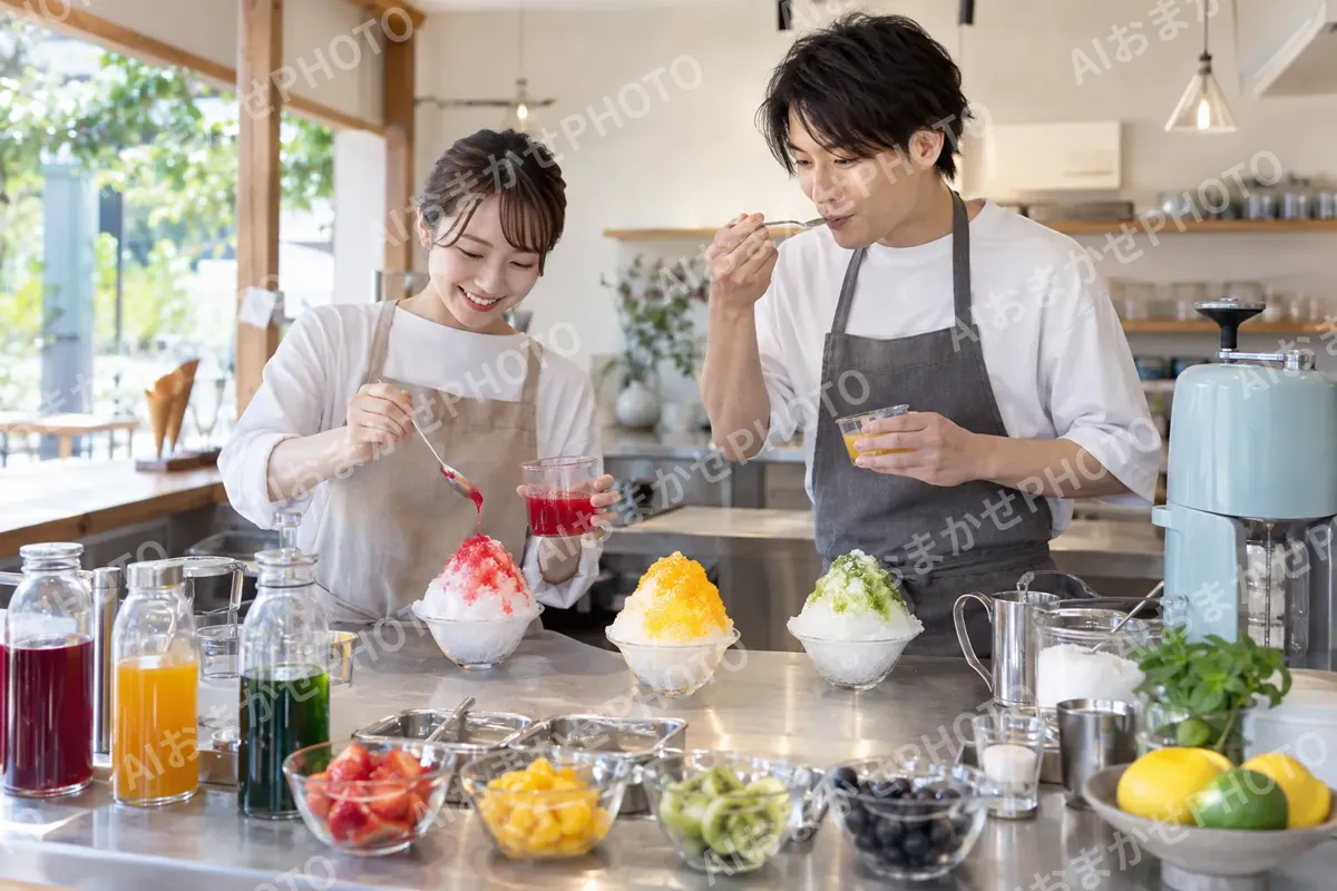 新しい味のかき氷シロップを試作する店員たち（アイス・クレープ・かき氷の写真 No.29）
