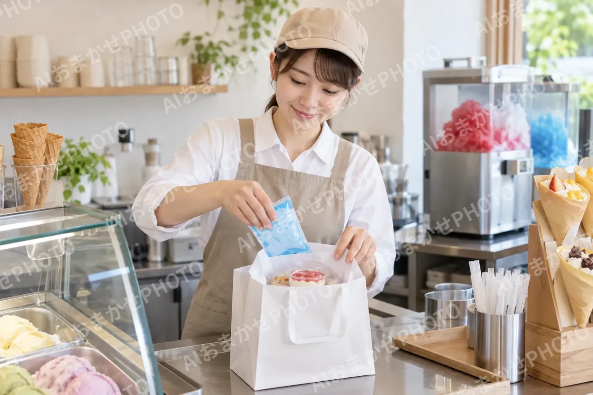 持ち帰りのアイスに保冷剤を入れる店員（アイス・クレープ・かき氷の写真 No.30）