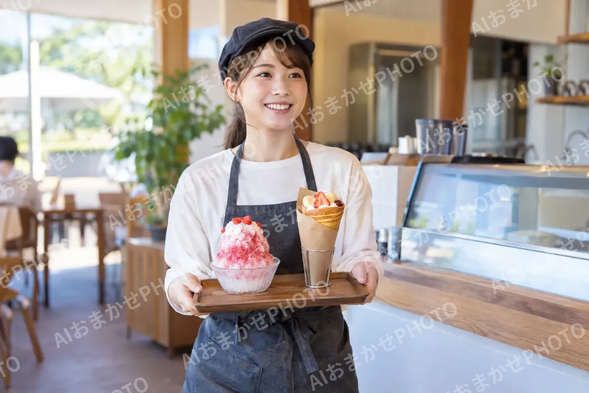 かき氷とクレープをお盆にのせて運ぶ店員（アイス・クレープ・かき氷の写真 No.32）