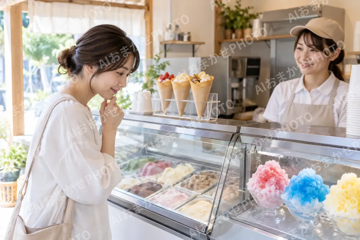 アイスとかき氷のどちらにするか迷うお客様（アイス・クレープ・かき氷の写真 No.33）
