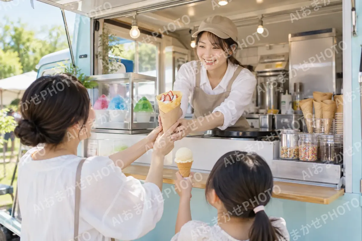 キッチンカーの窓口でクレープとアイスを売る店員（アイス・クレープ・かき氷の写真 No.34）