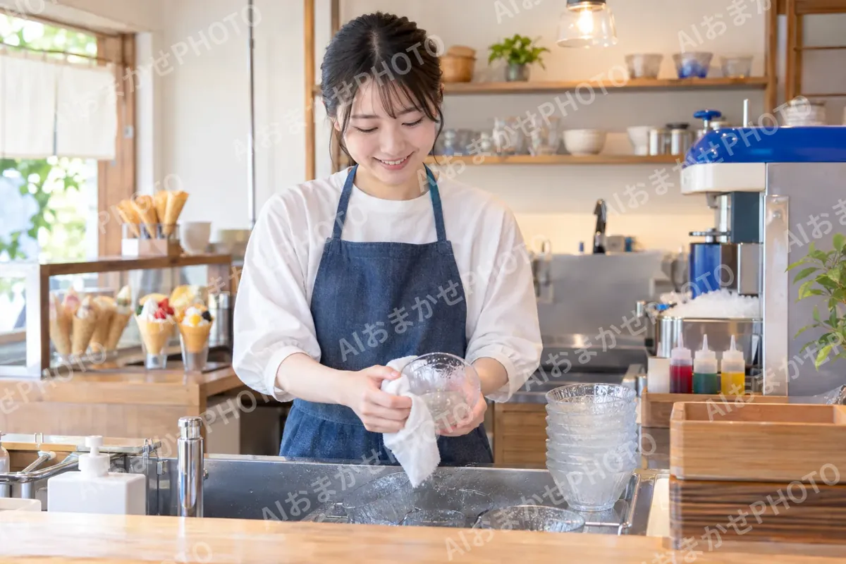 かき氷の器を洗って重ねる甘味の店の店員（アイス・クレープ・かき氷の写真 No.35）