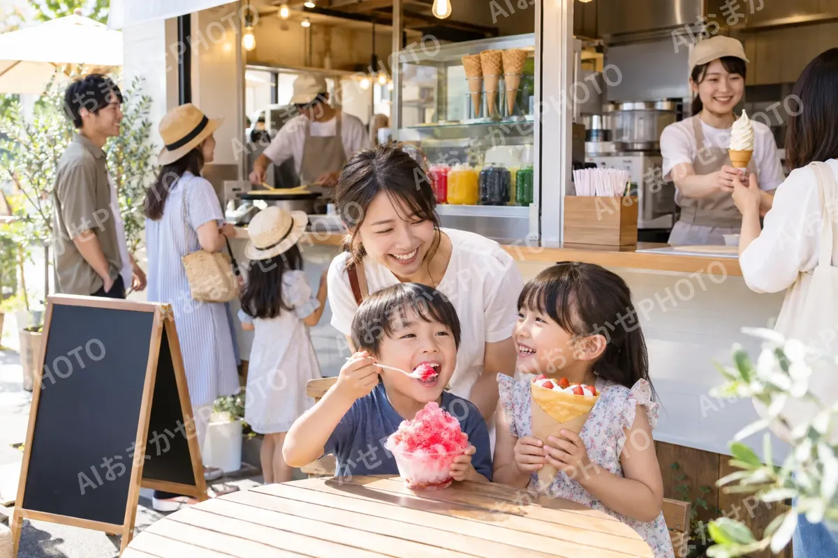 アイスとクレープとかき氷の店でにぎわうお客様たち（アイス・クレープ・かき氷の写真 No.36）