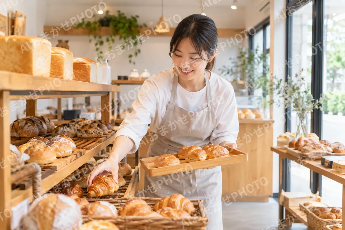 パンの棚に焼きたてのパンを補充する店員（パン・ベーカリーの写真 No.28）