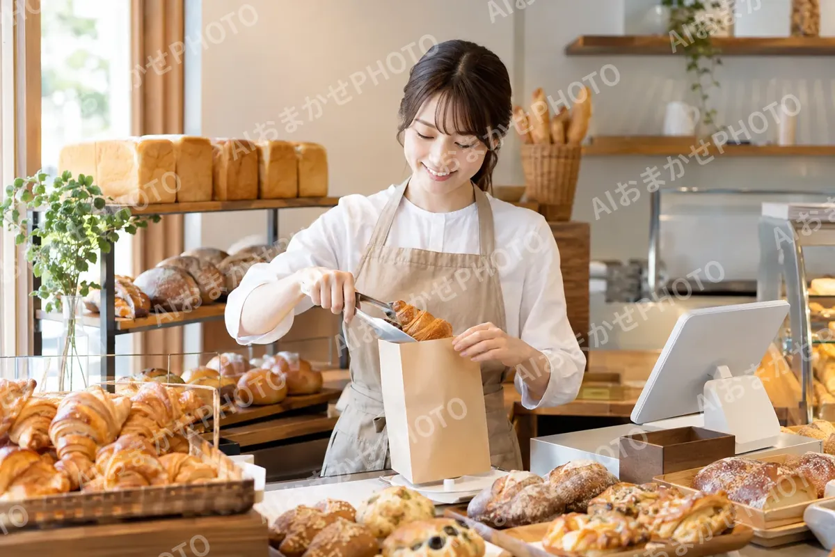 パン屋のレジでパンを袋に入れる店員（パン・ベーカリーの写真 No.29）