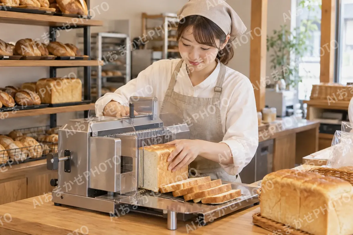 食パンを機械でスライスする店員（パン・ベーカリーの写真 No.30）