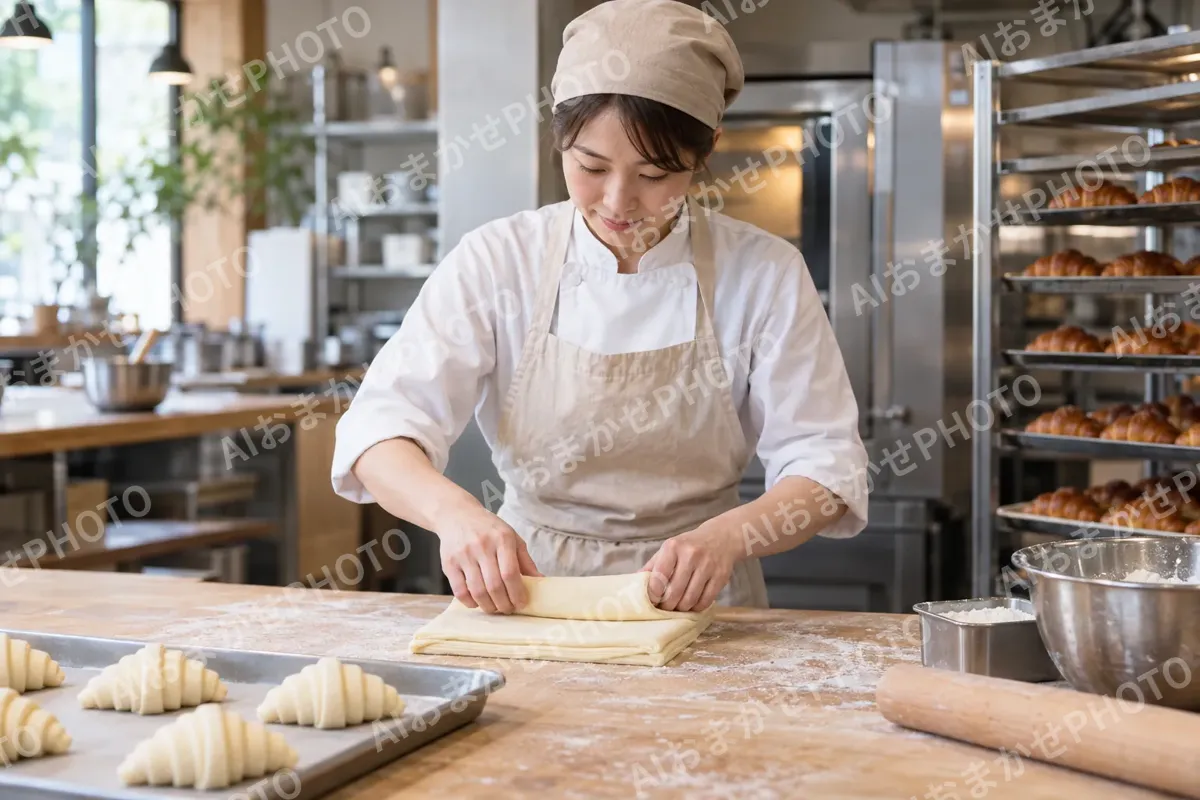 クロワッサンの生地を折りたたむ職人（パン・ベーカリーの写真 No.31）