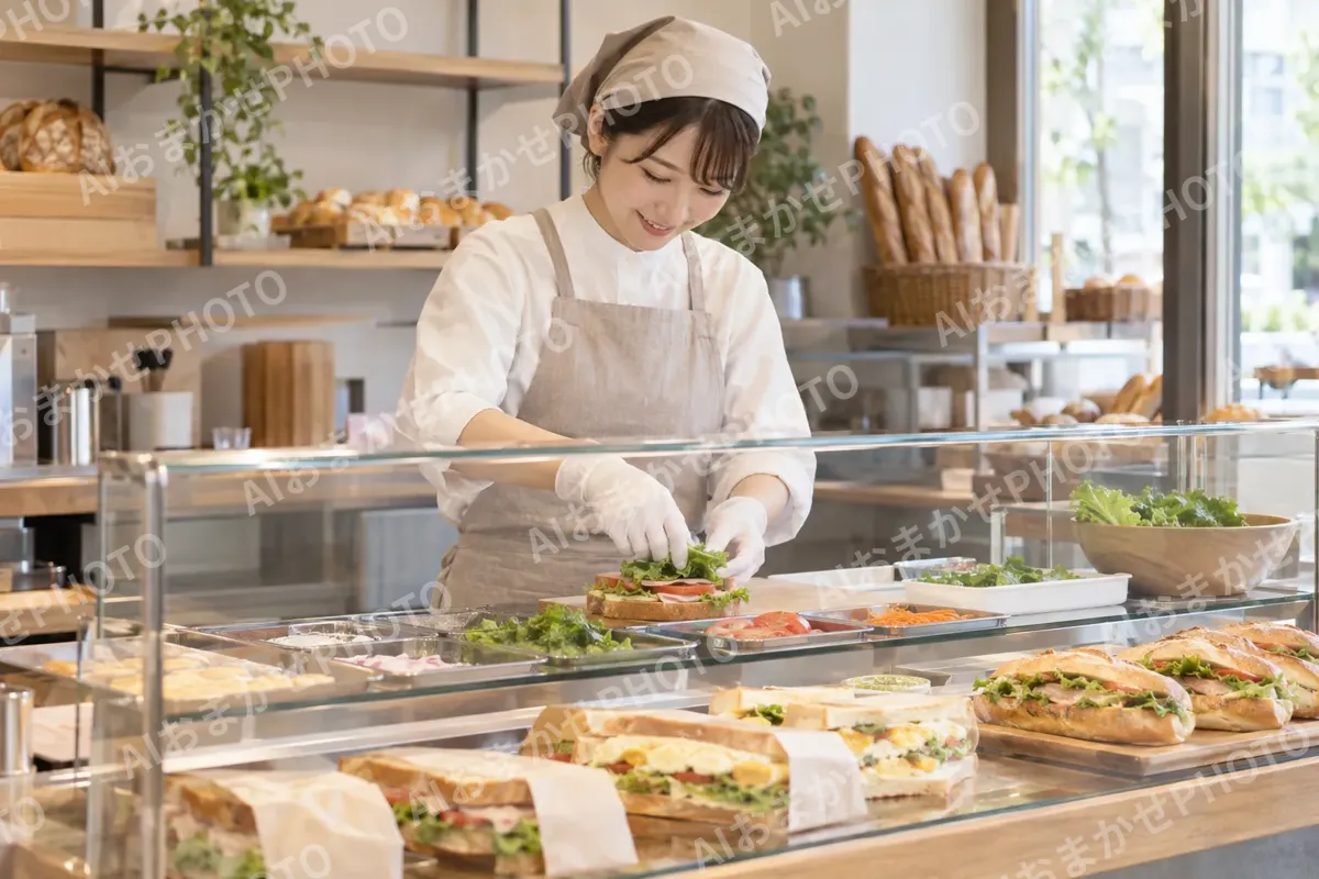 ショーケースでサンドイッチを作る店員（パン・ベーカリーの写真 No.33）