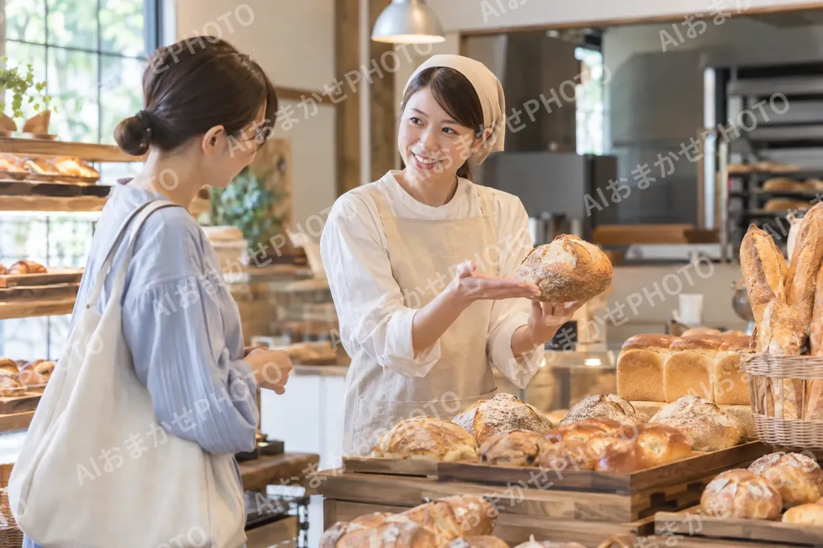 パンの種類を説明する店員とお客様（パン・ベーカリーの写真 No.34）