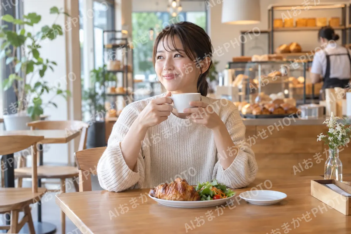 イートインでパンとコーヒーを楽しむお客様（パン・ベーカリーの写真 No.35）
