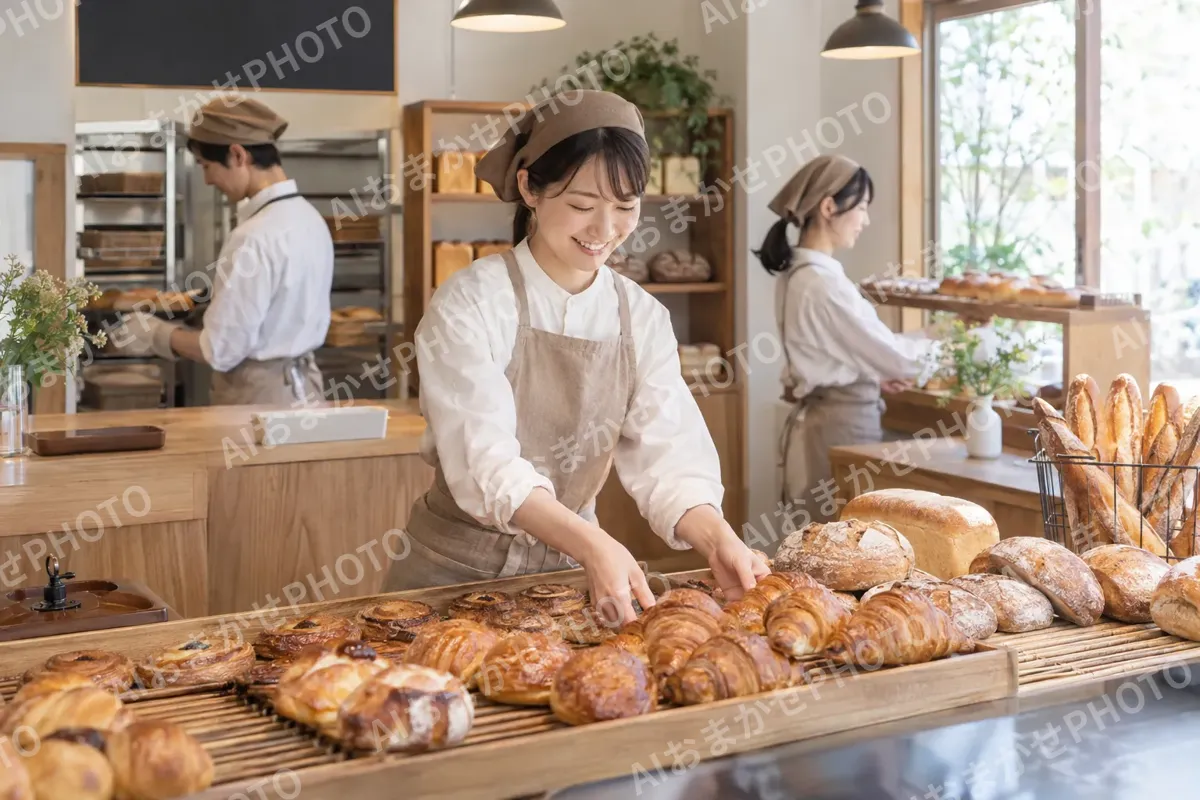 朝の開店に合わせてパンをならべる店員たち（パン・ベーカリーの写真 No.36）