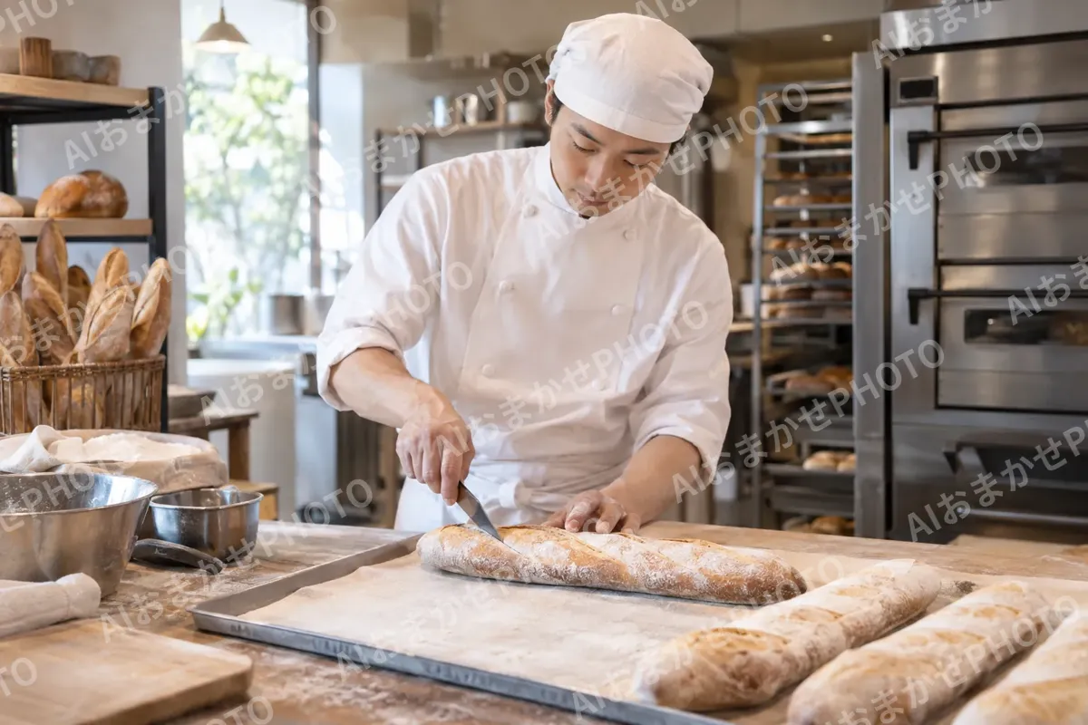 フランスパンに切りこみを入れる職人（パン・ベーカリーの写真 No.39）